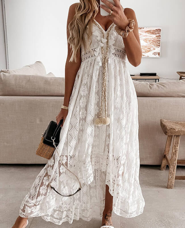 White Lace Dresses Beach Maxi Dress | Seamido